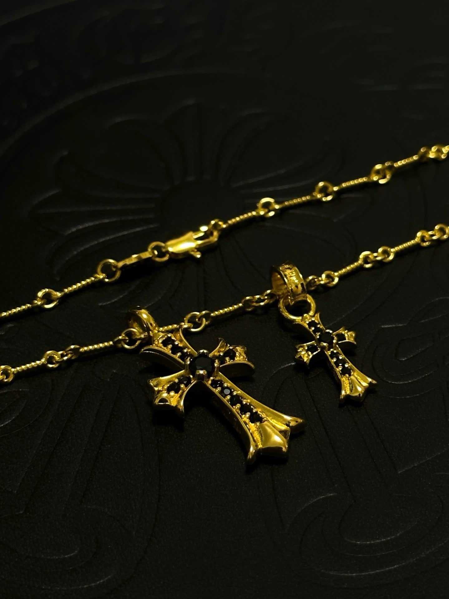 Chrome Hearts Gold Cross Pendant Necklace with Black Stones